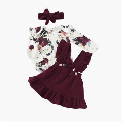 China 3Pcs Baby Clothing Set Flower Print Breathable Cotton Long Sleeve Romper Top Suspender Dress Baby Outfit for sale