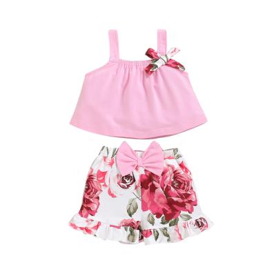 China Breathable In Stock Wholesale Floral Bow 100% Cotton Newborn 2 Piece Baby Clothes Set for sale