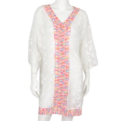 China New Crochet Kaftan Tunic Mini Dresses Cotton V Neck Wing Batwing Sleeve Anti-UV Pink White Beach Summer Loose Dress for sale