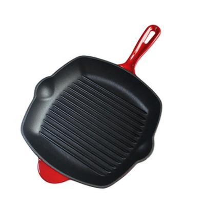 China Factory Price Barbecue Enamel Cookware Viable Steak Grill Pan Cast Iron Griddle Pan With Long Handle for sale