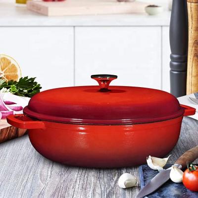 China Large 12 Inch Sustainable Enamel Shallow Round Cast Iron Cooking Pot Cookware Casserole Seafood Pot for sale