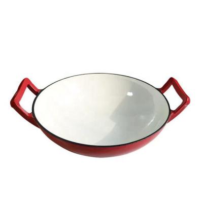 China 36cm Cast Iron Enamel Wok Sustainable Cast Iron Cookware with Two Loop Handle and Wooden Lid for sale