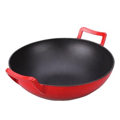 China Factory Price Sustainable Popular Red Enameled Chinese Cast Iron Wok With Wooden Lid for sale