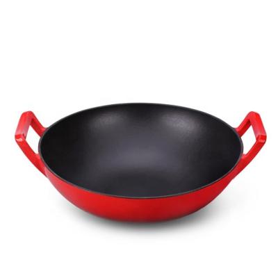 China 14 Inch Large Enamel Wok Wok Sustainable Traditional Colored Enameled Cast Iron Wok for sale