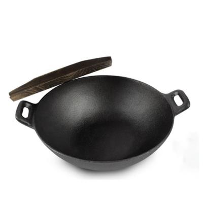 China Sustainable Double Handle Popular Chinese Pre-Seasoned Cast Iron Wok With Wooden Cover for sale