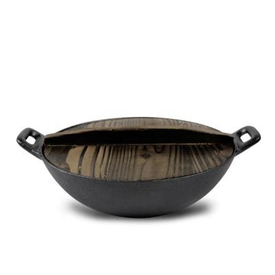 China Sustainable Cast Metal Wok Pan Fry Cooking Wok Non Stick Chinese Wok With Wooden Lid for sale