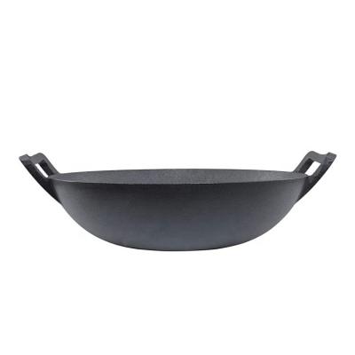 China Chinese Nonstick Wok Pan With Double Iron Handle Wooden Cover Cookware Cast Iron High Quality Viable for sale