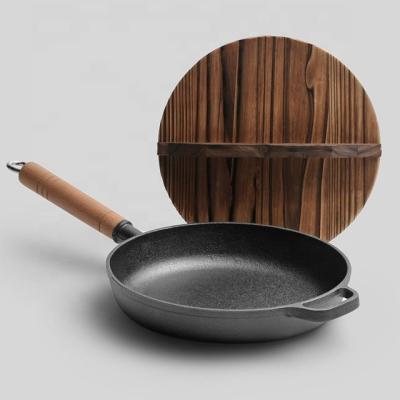 China Sustainable Hot Selling Cast Iron Frying Pan Steak Skillet with Wooden Handle for sale