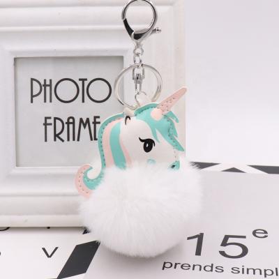 China Soft Hand Feeling Fan Shu Factory Wholesale Faux Rex Rabbit Fur Plush Pompom Unicorn Keychain for sale