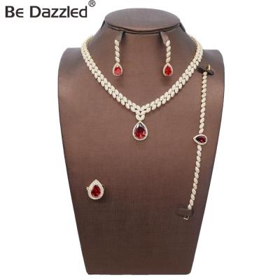 China 2020 FASHIONABLE Arabic Fashion Stunned Zircon Stone 24k Colorful Gold Plated Red Stone Costume Wedding Jewelry Set For Women for sale