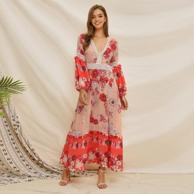 China Pretty Steps Spring Anti-Static V-Neck Floral Printed Woman Deep Sheath Long Maxi Fashion Dress for sale