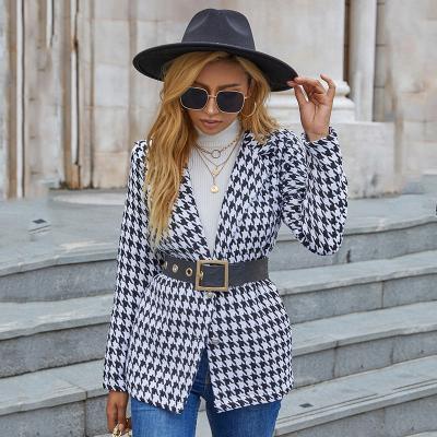 China Anti-wrinkle STEP PRETTY 2021 PS218WC-JK8973 Women Grid Long Sleeve Lapel Neck Buttoned Casual Jacket Coat for sale