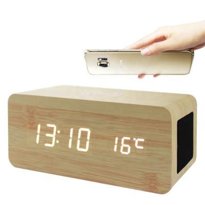 China Wireless Charger For Gift 10W Qi Wireless Phone Hot Selling Cell Phone Voice Control Charging Temperature Led Digital Alarm Clock Wooden Speaker for sale