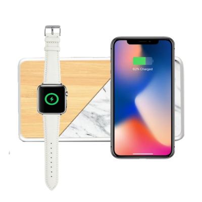 China SMART WATCH 2 in 1 Bamboo 15W Qi Wireless Dual Wooden Mobile Phone Charger Real Marble Wireless Fast Charger Pad For Smart Watch for sale