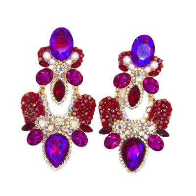 China Newest Large TRENDY Rose Flower Earrings Full Bling Diamond Colorful Flower Hoop Earrings Rhinestone Chandelier for sale