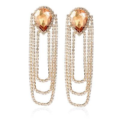 China Hot-selling FASHIONABLE Gold Color Rhinestone Statement Earrings Luxury Long Tassel Earings For Women Earring Charms for sale