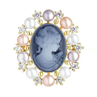 China Victoria Style Pink Real Pearl Brooches ALLOY & Blue Queen Avatar Cameo Brooch As Women Premium Coat Pins Retro for sale