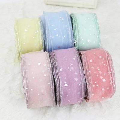 China Organza Ribbon Bow Silk Material (5 yards/roll) Stars Viable For Hair Print Flower Decoration Lace Ribbons for sale