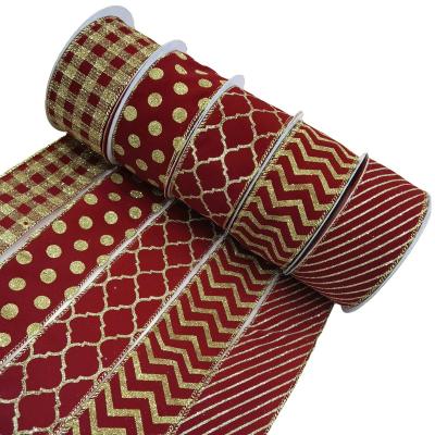 China 2.5cm Viable Christmas Velvet Ribbon Decorative Cutting Edge Wired Edge Sonic Edge 3yd Ribbon Printed With Glitter Snowflake Dot Stripe for sale