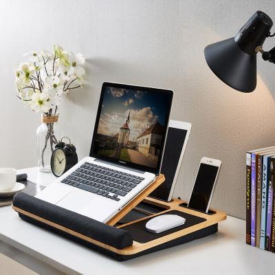 China (Size) Adjustable Bamboo Laptop Stand with Cushion and Media Slots Lightweight Laptop Tray Portable Tablet Holder for sale