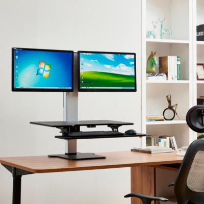 China Adjustable (height) powered two tier electric standing desk double monitor computer desk with sliding keyboard tray for sale