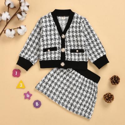 China 2021 Toddler Children Autumn Winter Dressing Suit Baby Houndstooth Casual Cardigan With Skirt Set for sale