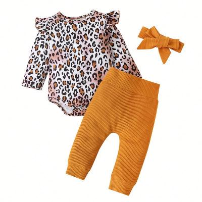 China 2021 Autumn Winter Breathable Baby Clothes Set Infant Girls Boys Leopard Romper Pants Headband Outfits for sale