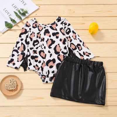 China Summer autumn baby casual clothes set leopard romper pu skirt outfit girls fashion tassel infant outfit for sale