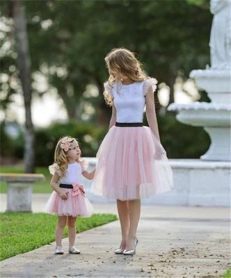 China Mom and Daughter Dress Fashion T-shirt +Bow-knot QUICK DRY Pink Mesh Skirt Mom and Matching Baby Dress Family Clothes Set for sale