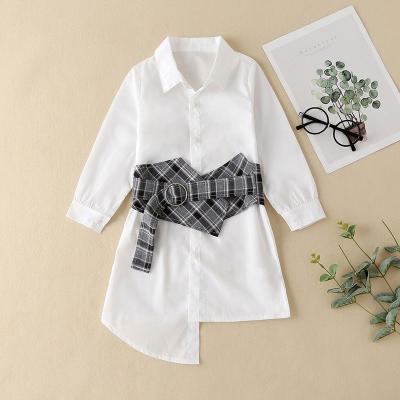 China Sustainable Fashion Autumn Girls White Shirt Dress Long Sleeve Shirt Plaid Belt Kids Outfit for sale