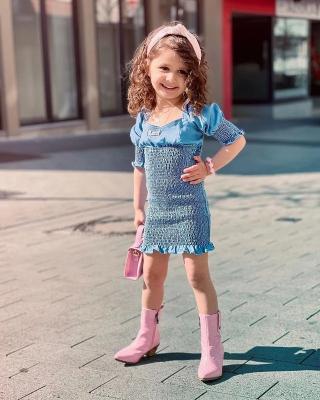 China Breathable Children's Wear Girls' Wear Fashionable Puff Sleeve Summer Denim Dress Short Korean Pure Color Dress for sale