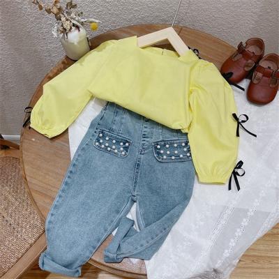 China New Arrival Sustainable Jeans For Kids Beads Design Kids Fashion Style Denim Pants Toddler Girls Loose Pants for sale