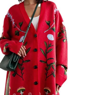 China Anti-wrinkle OEM China factory wool jacquard cardigan lady oversized embroidered female merino sweater for sale