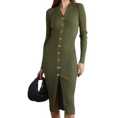 China Anti-wrinkle OEM China factory winter fall women's dress reused rib-knit v neck dress plus size lady dress for sale