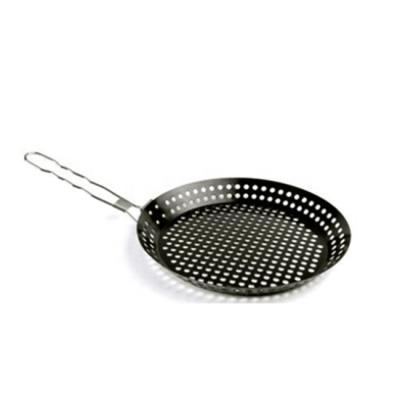 China 12 Inch Cast Iron BBQ Disposable Portable Indoor Round Grill Pan With Folding Handle for sale