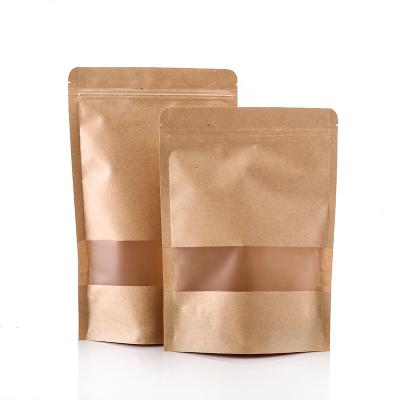 China Custom Printed Recyclable Brown Kraft Paper Food Packaging Ziplock Holder Up Pouch With Clear Window Wholesale for sale