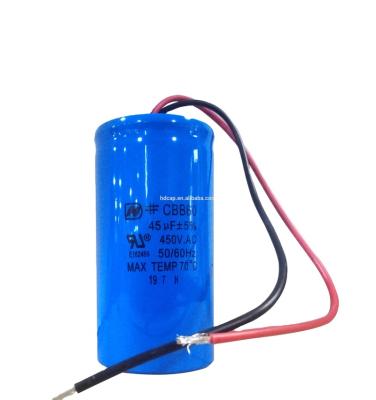 China CBB60 450V 20uf water pump AC motor running capacitor with 2 wires polypropylene film capacitor for sale