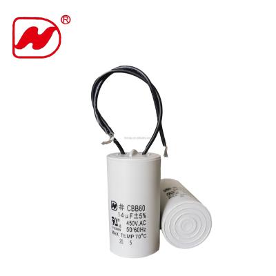 China CBB60 450V 14uf AC Motor Starting Round Capacitor With 2 Cables For CBB60 Fan Capacitor for sale