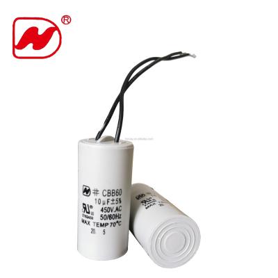 China CBB60 450V 10uf AC motor run capacitor with wire plastic case for CBB60 washing machine capacitor for sale