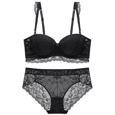 China Hot Selling Pump Women Lace Up Bra Brief Set Fashion Transparent Lace Lift Up Bra Panty Set Women Underwear Set for sale