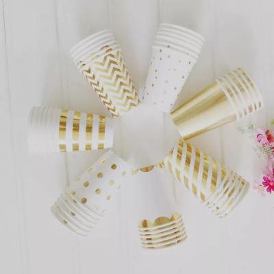 China Wholesale Hot Recyclable Disposable Birthday Party Paper Cups Gold Stripe Wave Dot High End Wedding Color Thickened Paper Cups for sale