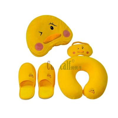 China Portable Cute Cute Travel Pillow Promotional Gift Set Cartoon Kit Bag Memory Foam Eyemask and Slipper for sale