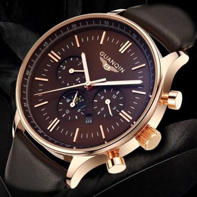 China Day/Date GuanQin Modern Fashion Leather Belt Gold Quartz Waterproof Men Watch for sale