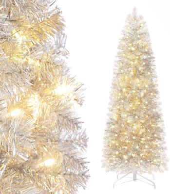 China Tinsel 766 Pre-lit Pencil Christmas Tree 6ft 7ft 8ft Tinsel Xmas Tree Silver 9ft Artificial With Metal Stand for sale