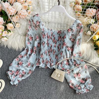 China Viable Coldker 2021 New Floral Chiffon Shirt Ladies Spring Casual Autumn Slim Blouse Long Puff Sleeve Square Collar Cropped Tops for sale