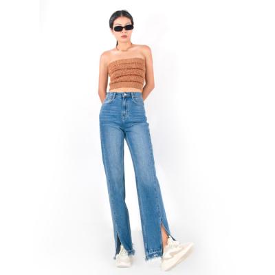 China 86128#Slit QUICK DRY jeans 2022 new high leg straight slim wide waist pants blue pants for sale