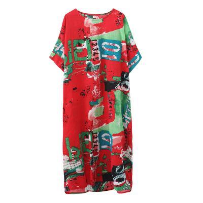 China New Style Anti-Static Ladies Round Neck Abstract Print Dresses Short Sleeve Round Neck Side Pockets African Print Dress for sale