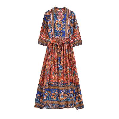 China Fashion Women Floral Dresses Midi National Sleeve Printed Elastic Waist Anti-Static Modal Maxi Holiday Dresses for sale