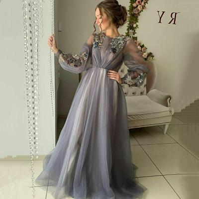 China Sustainable Fashion Women Embroidery Lace Up Evening Dresses Tulle Ball Gown Long Sleeve Formal Dresses for sale