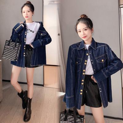 China Women Fashion Lapel Metal Collar Button Shirt Long Sleeve Patchwork Workable Smart Blue Denim Shirt Coat for sale